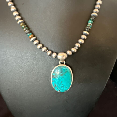 Men's Navajo Blue Spiderweb Turquoise Pendant Necklace | Sterling Silver | Authentic Native American Handmade | 16243 - Masha USA