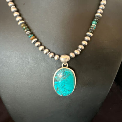 Men's Navajo Blue Spiderweb Turquoise Pendant Necklace | Sterling Silver | Authentic Native American Handmade | 16243 - Masha USA