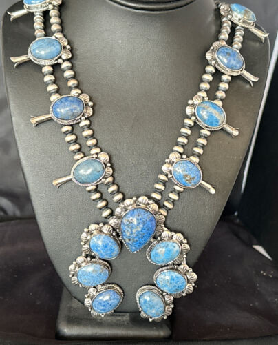 Navajo Sterling Silver Denim Lapis Pendant Necklace | Naja Squash Blossom | Authentic Native American Handmade | 15033