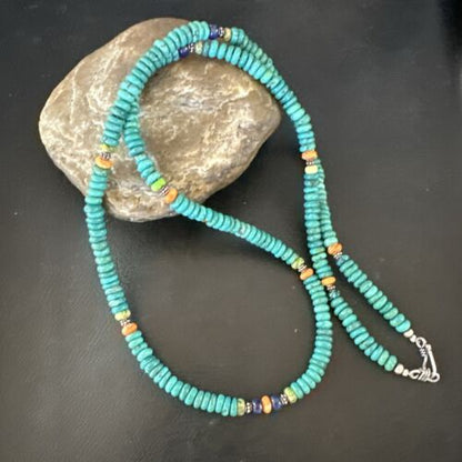 Navajo Blue Turquoise Spiny Oyster Necklace | Sterling Silver | 31" | Authentic Native American Handmade | 17487