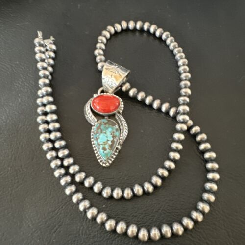 Navajo Blue Turquoise Red Spiny Oyster Pendant Necklace | Sterling Silver | Multi-Stone | 16290 - Masha USA
