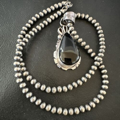Men's Navajo Pearls Black Onyx Necklace Pendant | Sterling Silver | Authentic Native American Handmade | 16530