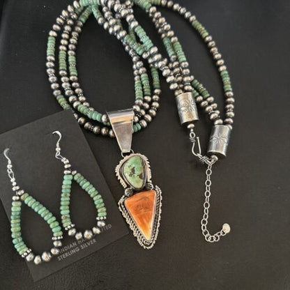 Navajo Royston Turquoise Spiny Pendant Set | Authentic Native American Sterling Silver | 3" | Handmade | 16813