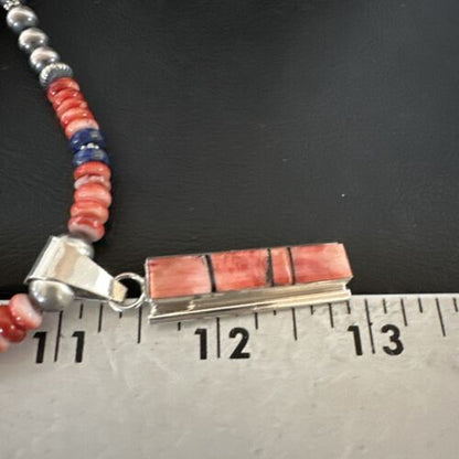 Navajo Pearls Sterling Silver Necklace | Lapis & Red Spiny Oyster Pendant | 17051