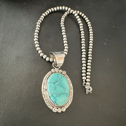 Men's Blue Spiderweb Turquoise Pendant Necklace | Navajo Sterling Silver | Authentic Native American Handmade | 17124