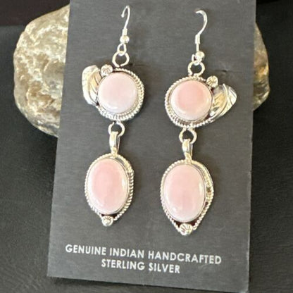 Navajo Pink Conch Shell Dangle Earrings | Sterling Silver | Authentic Native American Handmade | 17215