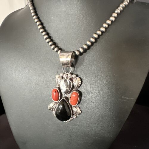 Navajo White Buffalo Coral Onyx Pearls Cluster Pendant | Sterling Silver | Native American Handmade | 15371