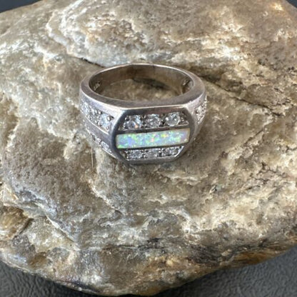 Navajo Cubic Zirconia Opal Inlay Ring | Sterling Silver | Sz 6.5 | Authentic Native American Handmade | 17156