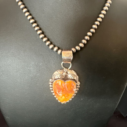 Navajo Orange Spiny Oyster Heart Pendant Necklace | Sterling Silver | Authentic Native American Handmade | 16551