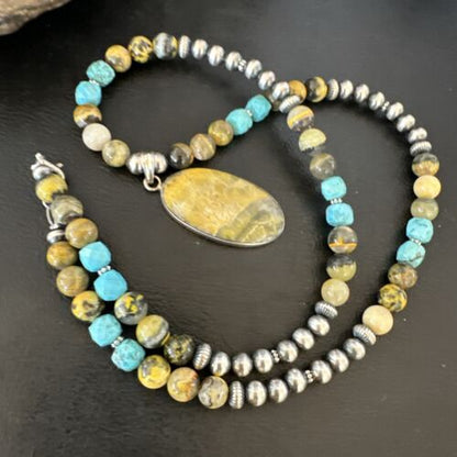 Men's BumbleBee Jasper Pendant Necklace | Navajo Pearls | Sterling Silver | Authentic Native American Handmade | 16876