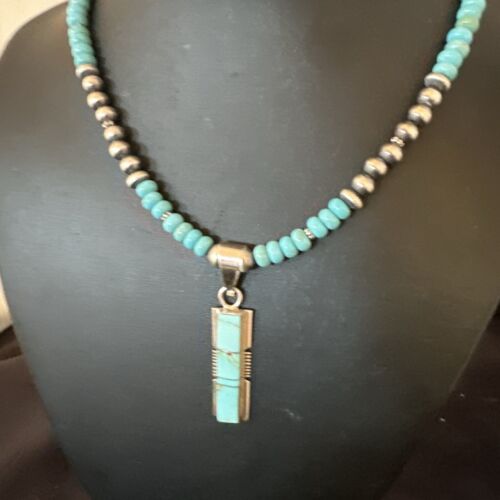 Navajo Blue Kingman Turquoise Inlay Pendant Necklace | Sterling Silver | 21" | Authentic Native American Handmade | 16930