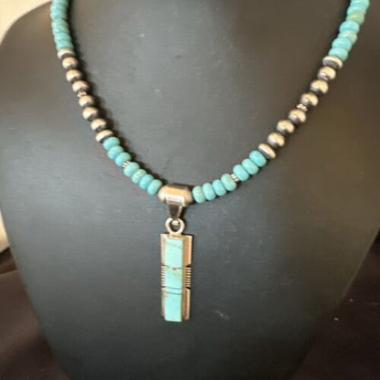 Navajo Blue Kingman Turquoise Inlay Pendant Necklace | Sterling Silver | 21" | Authentic Native American Handmade | 16930