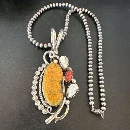 Navajo Bumblebee Jasper & White Buffalo Sterling Silver Pendant Necklace | 21" | Handmade | 15948