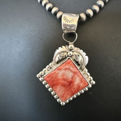 Navajo Red Spiny Oyster Pendant Necklace | Sterling Silver | Authentic Native American Handmade | 16145