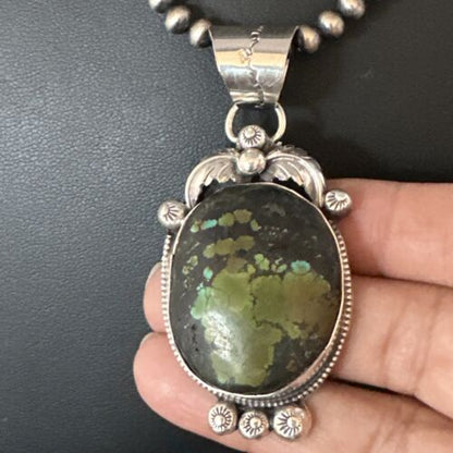 Navajo Green Turquoise Pendant Necklace | Sterling Silver | Authentic Native American Handmade | 15039