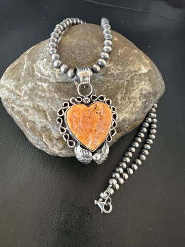 Navajo Orange Spiny Oyster Heart Pendant Necklace | Sterling Silver | Authentic Native American Handmade | 16417