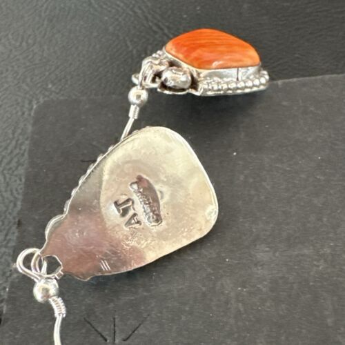 Navajo Orange Spiny Oyster Dangle Earrings | Sterling Silver | Authentic Native American Handmade | 17274