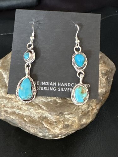 Kingman Turquoise Dangle Earrings | Navajo Handmade | Sterling Silver | Authentic Native American | 14867