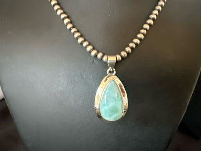 Navajo Blue Larimar Pendant Necklace | Sterling Silver Beads | Authentic Native American Handmade | 17568