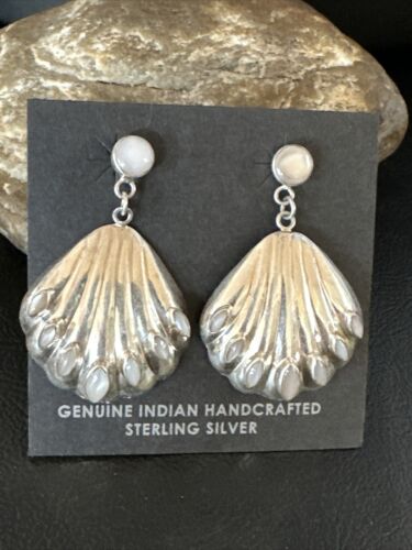 Navajo Pink Mother of Pearl Dangle Inlay Earrings | Sterling Silver | Authentic Native American Handmade | 15305