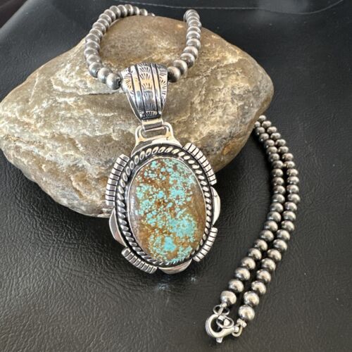 Navajo Blue Turquoise #8 Pendant | Sterling Silver Pearls Necklace | Authentic Native American Handmade | 16348