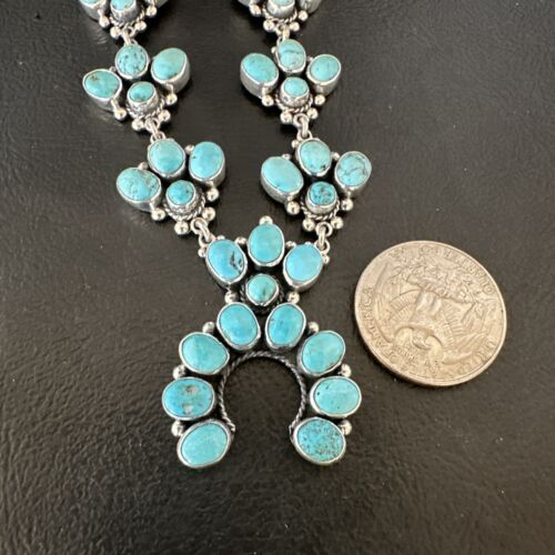 Navajo Blue Kingman Turquoise Squash Blossom Necklace | Sterling Silver | 16828