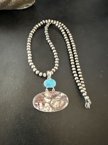 Navajo Wild Horse | Blue Kingman Turquoise Necklace | Sterling Silver | Authentic Native American Handmade | 17307