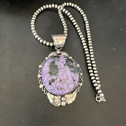 Navajo Purple Charoite Pendant with Pearls | Sterling Silver Necklace | Authentic Native American Handmade | 17154