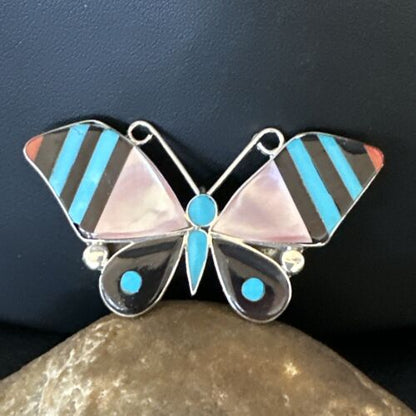 Zuni Butterfly Turquoise Mother of Pearl Onyx Inlay Pin Pendant | Sterling Silver | 15151
