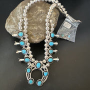 Navajo Kingman Turquoise Shadowbox Squash Blossom Necklace | Sterling Silver | 17" | 16111