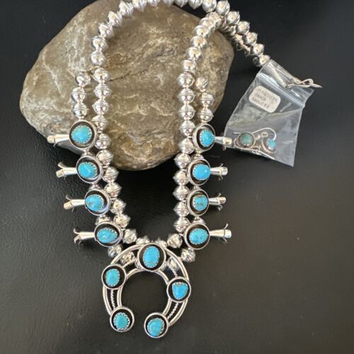 Navajo Kingman Turquoise Shadowbox Squash Blossom Necklace | Sterling Silver | 17" | 16111