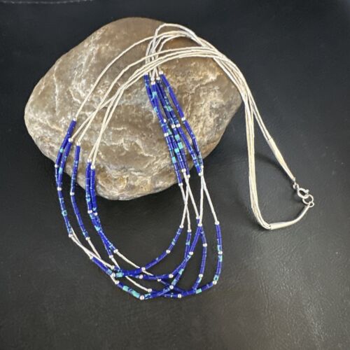 Navajo Blue Green Azurite 5-Strand Necklace | Sterling Silver | 20" | Authentic Native American Handmade | 15134