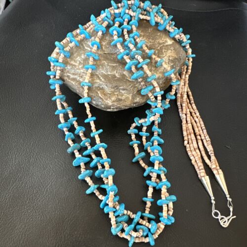 Navajo Blue Kingman Turquoise Shell Heishi Necklace | Sterling Silver | 30" | Authentic Native American Handmade | 16070