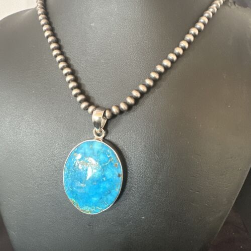 Navajo Blue Kingman Turquoise Pendant Necklace | Sterling Silver | 20" | Authentic Native American Handmade | 16675