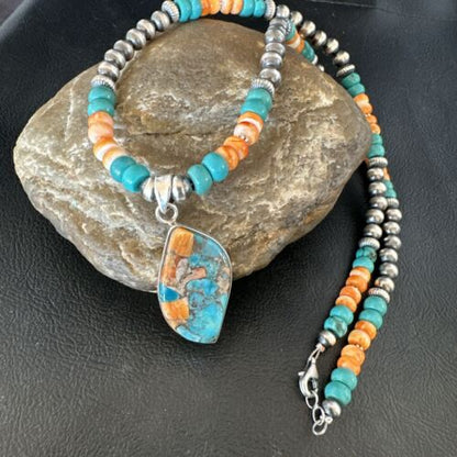 Navajo Spiny Turquoise Pendant Necklace | Sterling Silver | 21" | Authentic Native American Handmade | 17518