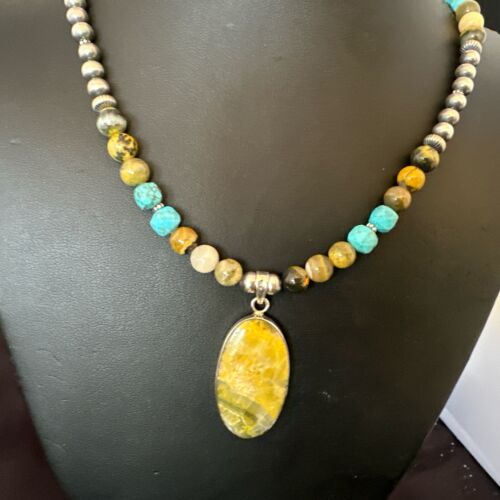 Men's BumbleBee Jasper Pendant Necklace | Navajo Pearls | Sterling Silver | Authentic Native American Handmade | 16876