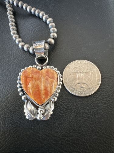 Navajo Orange Spiny Oyster Heart Pendant Necklace | Sterling Silver | Authentic Native American Handmade | 16421