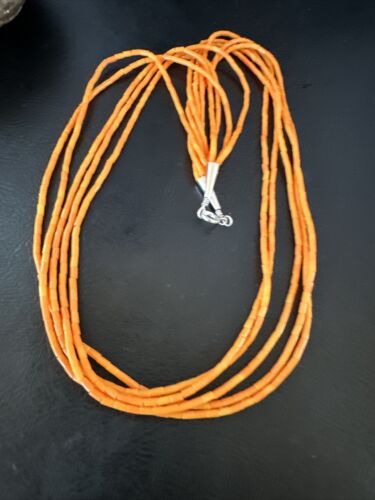 Navajo Orange Coral Tube Heishi Bead Necklace | 5 Strand | Sterling Silver | 20" | 16066