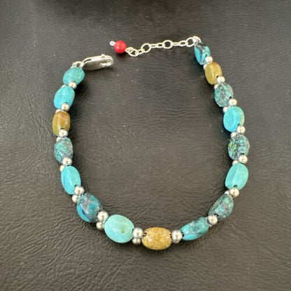 Women's Blue Turquoise Bead Bracelet | Southwestern Sterling Silver Link | 8" | 17236