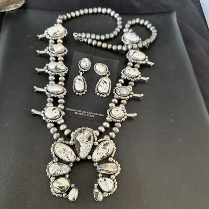 Navajo White Buffalo Turquoise Pendant | Sterling Silver Naja Squash Blossom Necklace | 17442
