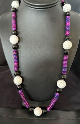Navajo Purple Sugilite Onyx Howlite Bead Necklace | Sterling Silver | 25" | Authentic Native American Handmade | 16948