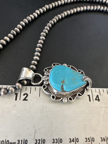 Navajo Blue Turquoise Pendant Necklace | Sterling Silver Pearls | Authentic Native American Handmade | 15638