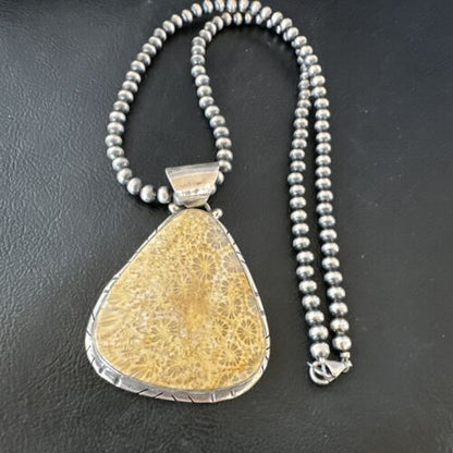 Navajo Pearls Champagne Fossil Coral Pendant Necklace | Sterling Silver Beads | Native American Handmade | 16372