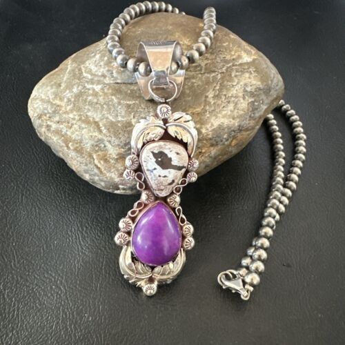 Navajo Pearls Pendant | Sterling Silver | White Buffalo Turquoise & Sugilite | Multi-Stone | 16872