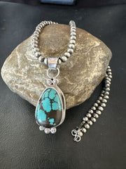 Navajo Blue Spiderweb Turquoise Pendant Necklace | Sterling Silver | Authentic Native American Handmade | 17117