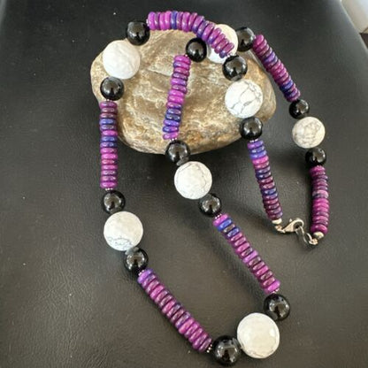 Navajo Purple Sugilite Onyx Howlite Bead Necklace | Sterling Silver | 25" | Authentic Native American Handmade | 16948