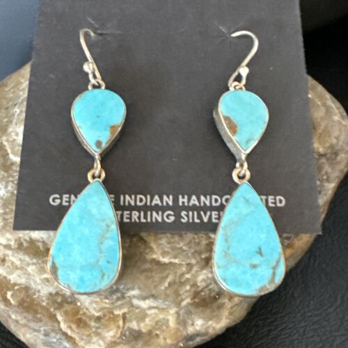 Navajo Blue Kingman Turquoise Dangle Earrings | Sterling Silver | Authentic Native American Handmade | 15119