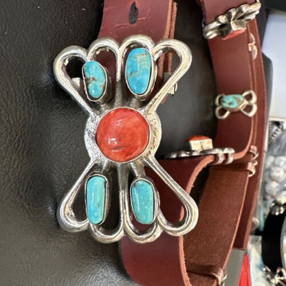 Men's Turquoise Spiny Oyster Concho Belt | Sterling Silver Navajo Tufa | Authentic Native American Handmade | 16680
