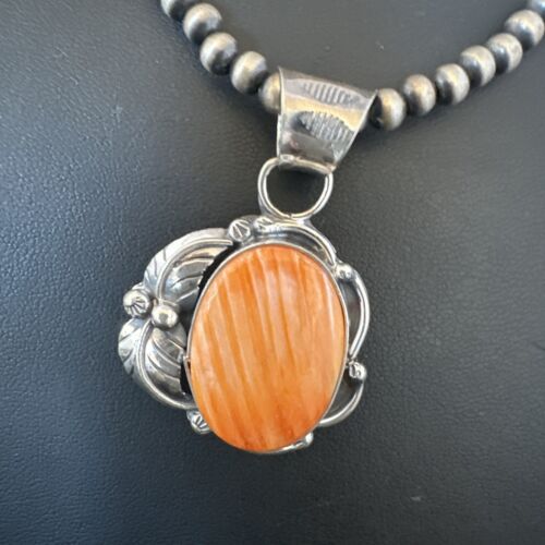 Navajo Orange Spiny Oyster Pendant Necklace | Sterling Silver | Authentic Native American Handmade | 15629