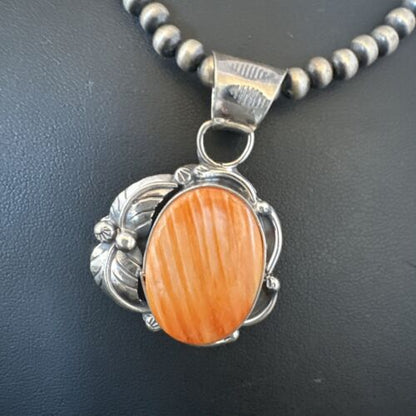 Navajo Orange Spiny Oyster Pendant Necklace | Sterling Silver | Authentic Native American Handmade | 15629